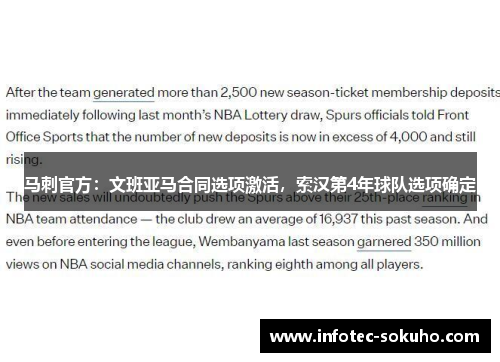 马刺官方：文班亚马合同选项激活，索汉第4年球队选项确定